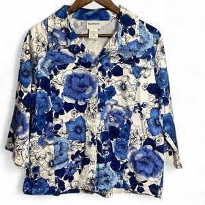 Bon Worth Blue and Cream 3/4 Sleeve Button Down Shirt